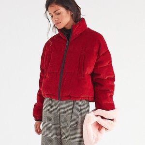New Uo Cropped Corduroy Red Puffer 